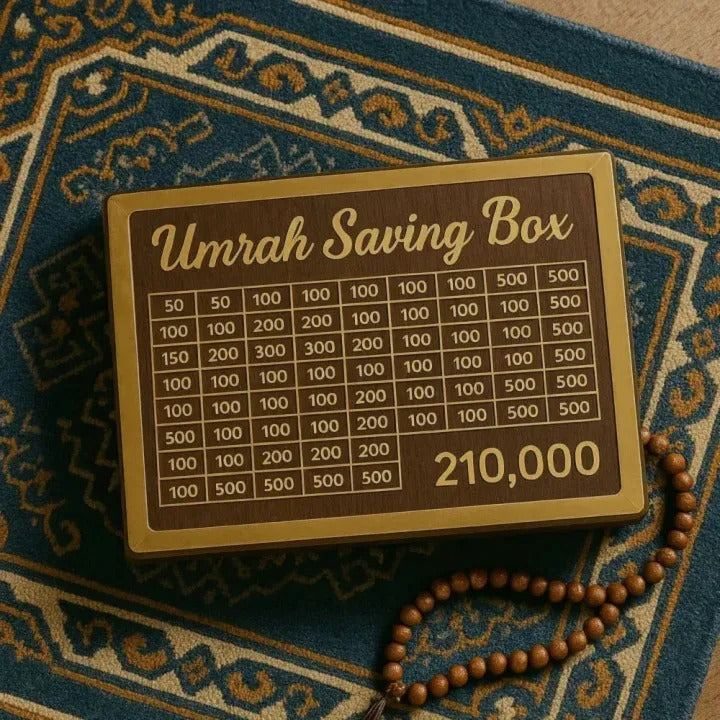 Umrah Saving Box – Wooden Islamic Money Saving Box for 280 Days | Hajj & Umrah Goal Planner