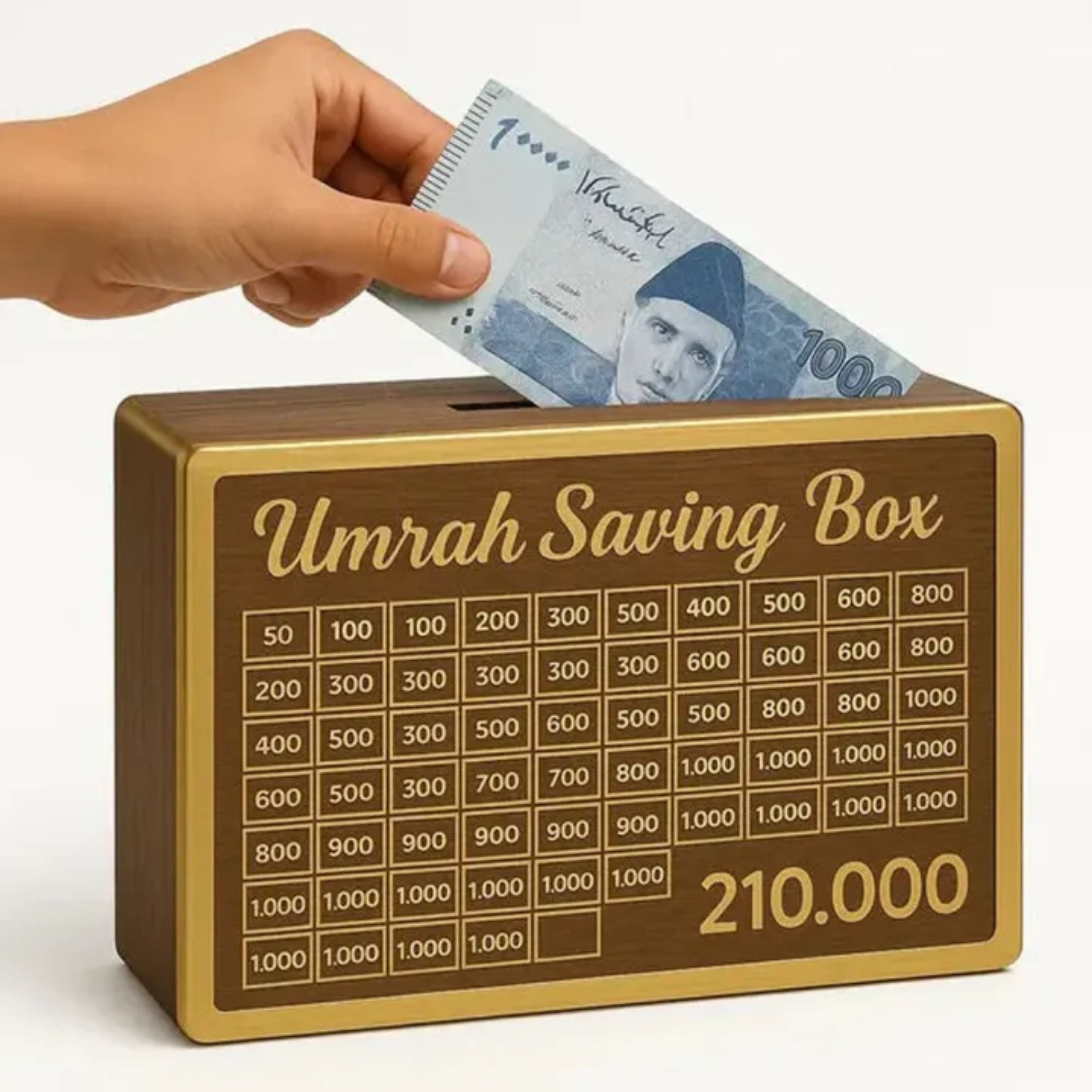 Umrah Saving Box – Wooden Islamic Money Saving Box for 280 Days | Hajj & Umrah Goal Planner