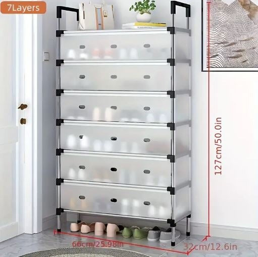 7 Layer Shoe Rack  Durable Stainless Steel & Plastic Shoe Organizer | Space Saving Dustproof Shoe Stand for Home & Office
